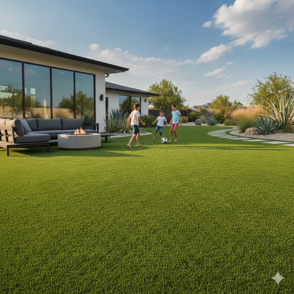 Beautiful villa garden with artificial grass lawn in the Algarve